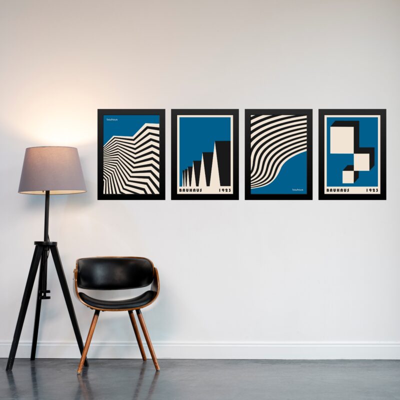 Kit 4 Quadros Artes Bauhaus Azuis e Preto