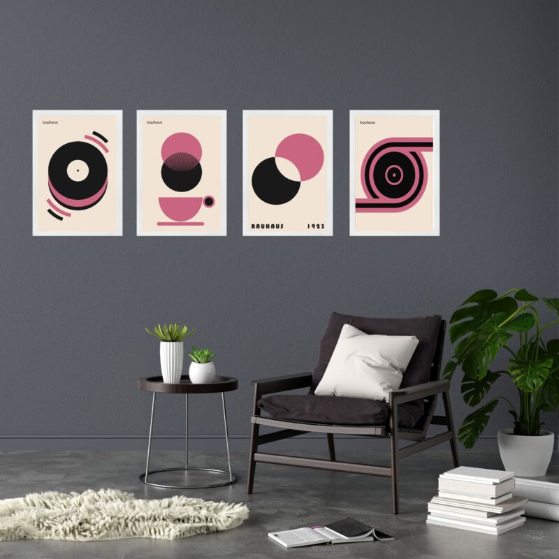 Kit 4 Quadros Artes Bauhaus Bege Rosa e Preto