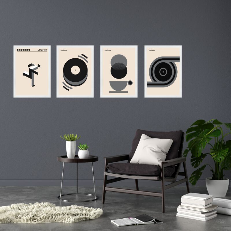 Kit 4 Quadros Artes Bauhaus Bege e Cinza
