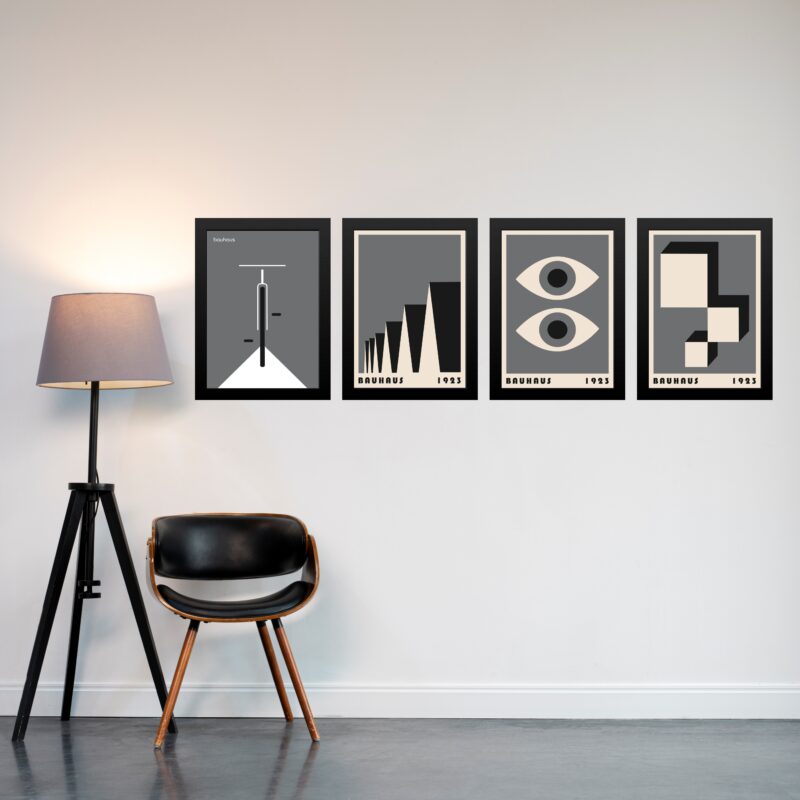 Kit 4 Quadros Artes Bauhaus Cinza e Preto