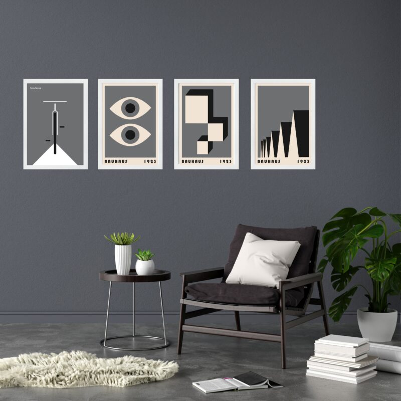 Kit 4 Quadros Artes Bauhaus Cinza e Preto
