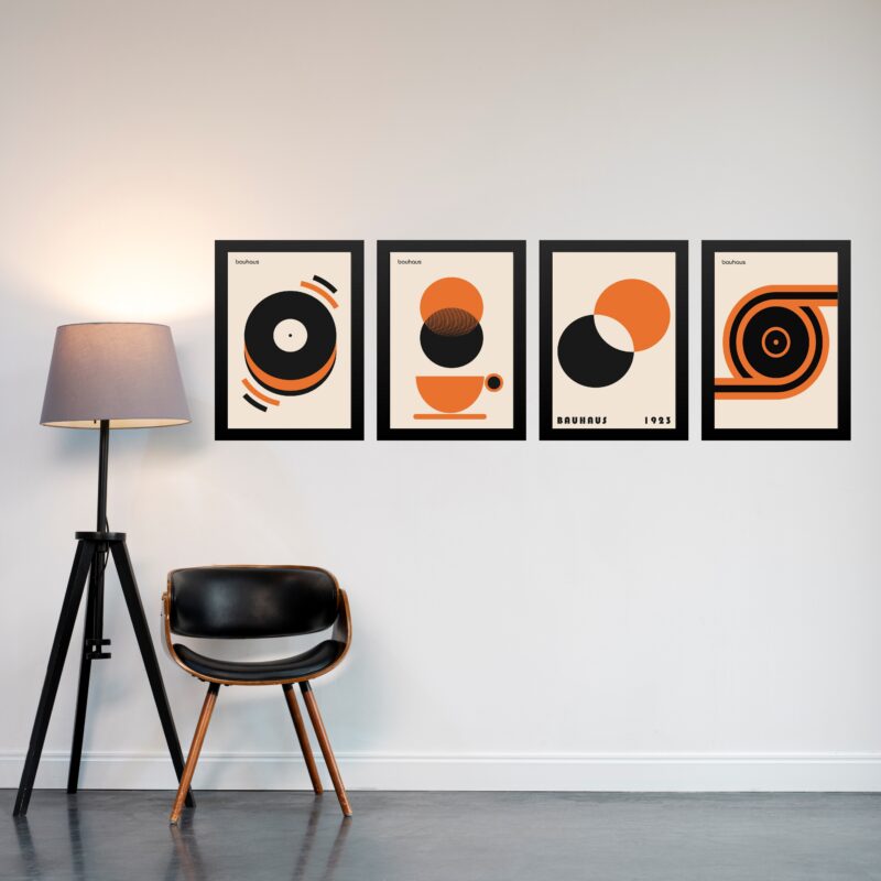 Kit 4 Quadros Artes Bauhaus Laranja Bege Preto