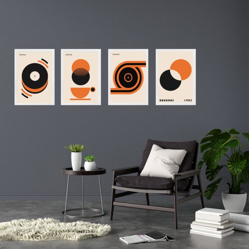 Kit 4 Quadros Artes Bauhaus Laranja Bege Preto