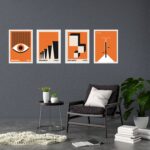 Kit 4 Quadros Artes Bauhaus Laranja e Preto