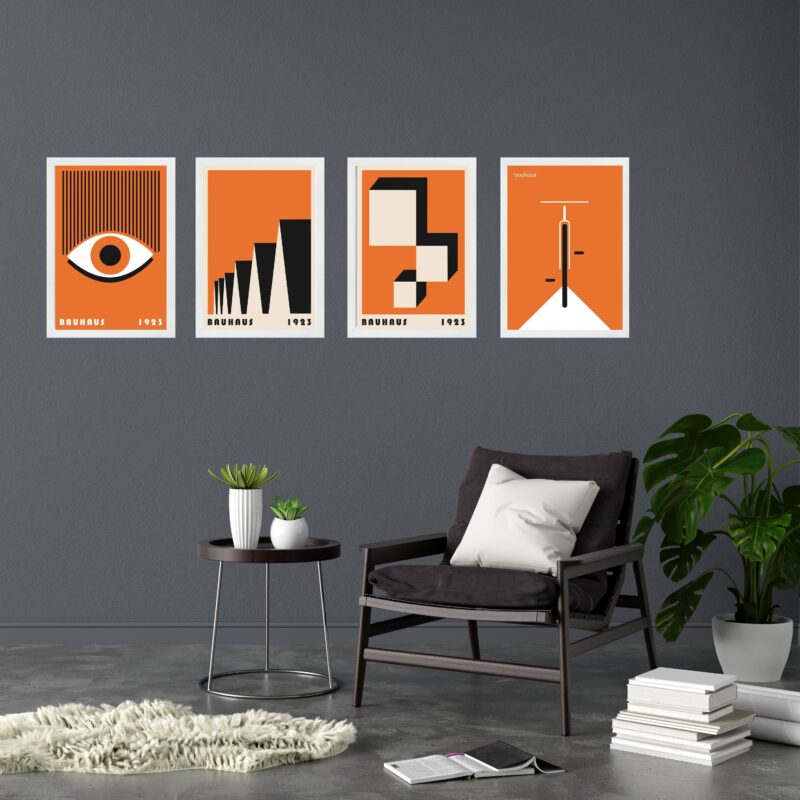 Kit 4 Quadros Artes Bauhaus Laranja e Preto