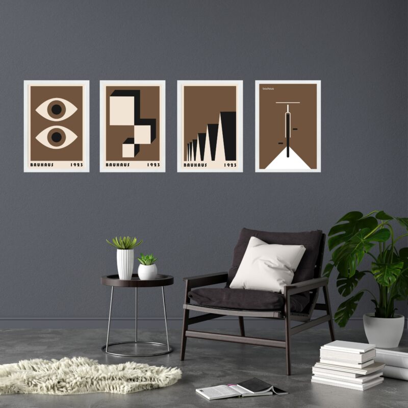 Kit 4 Quadros Artes Bauhaus Marrom e Preto