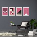 Kit 4 Quadros Artes Bauhaus Rosa e Preto