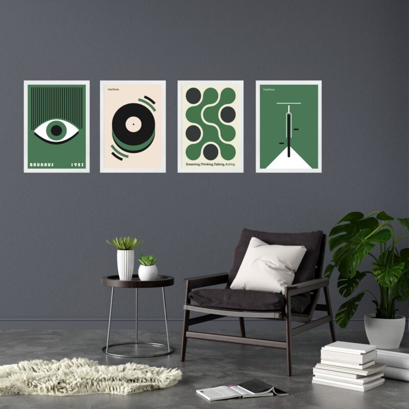 Kit 4 Quadros Artes Bauhaus Verde e Preto