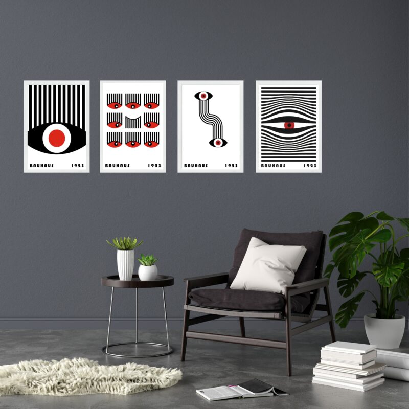 Kit 4 Quadros Bauhaus Olhos - Vermelho Preto Branco