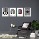 Kit 4 Quadros Bauhaus Olhos e Listras - Vermelho e Preto