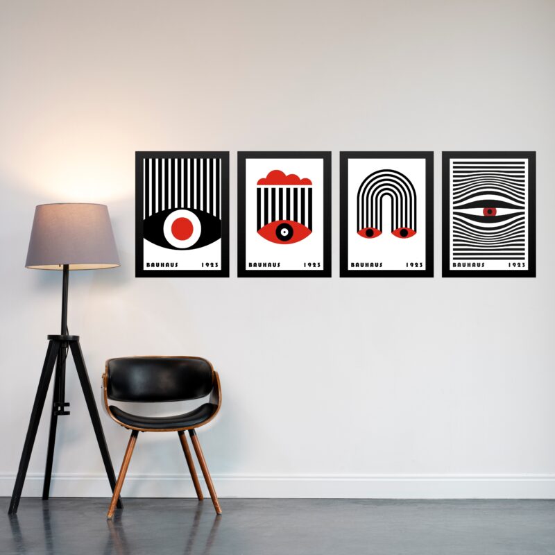 Kit 4 Quadros Bauhaus Olhos e Listras - Vermelho e Preto