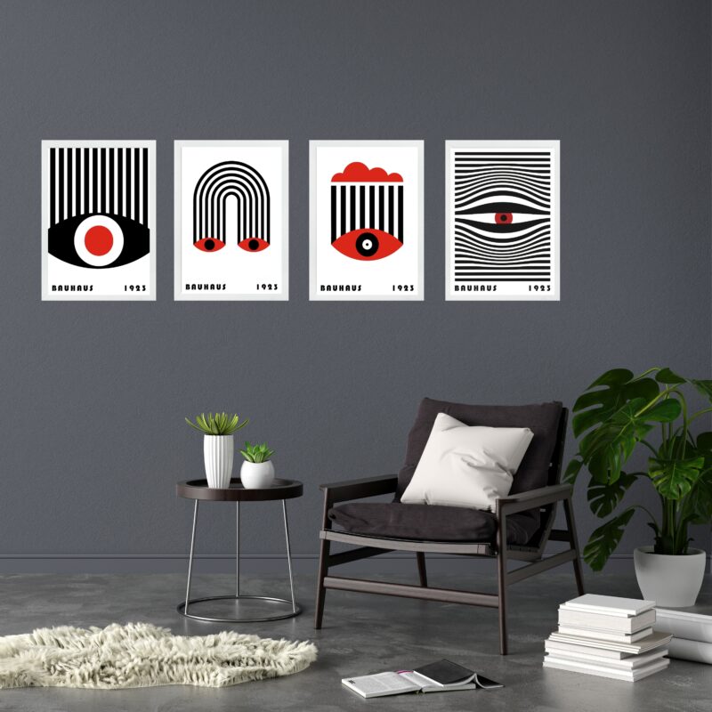 Kit 4 Quadros Bauhaus Olhos e Listras - Vermelho e Preto