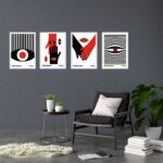 Kit 4 Quadros Bauhaus Olhos e Mãos - Vermelho e Preto