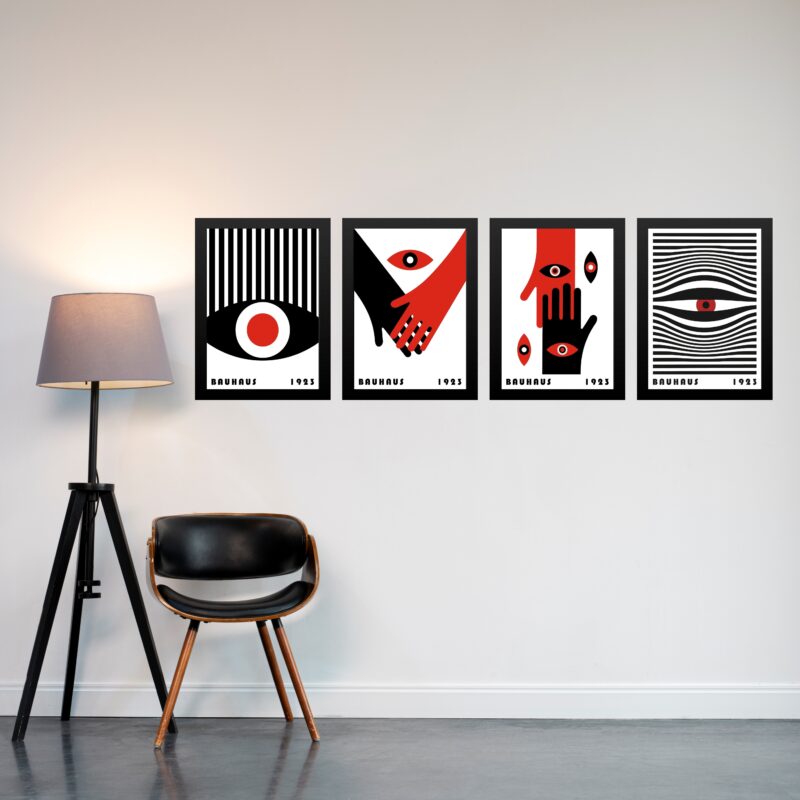 Kit 4 Quadros Bauhaus Olhos e Mãos - Vermelho e Preto