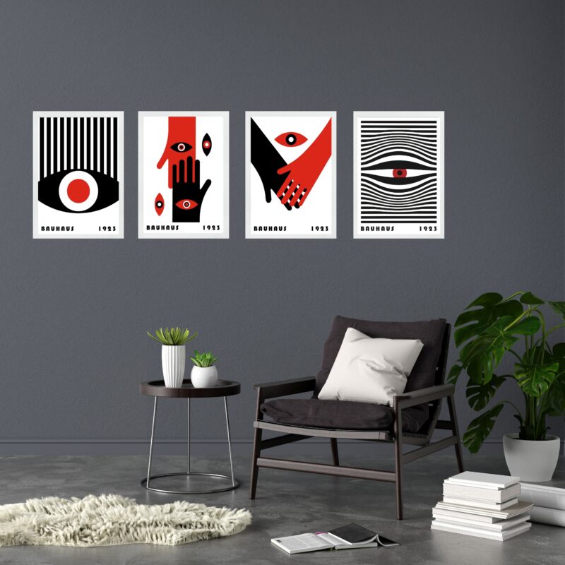 Kit 4 Quadros Bauhaus Olhos e Mãos - Vermelho e Preto