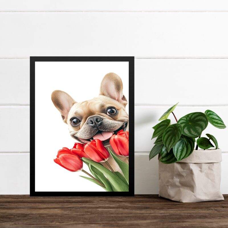 Quadro Bulldog Francês Com Flores Tulipas
