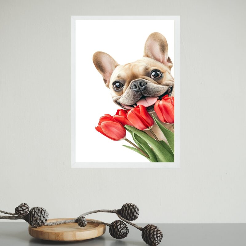 Quadro Bulldog Francês Com Flores Tulipas