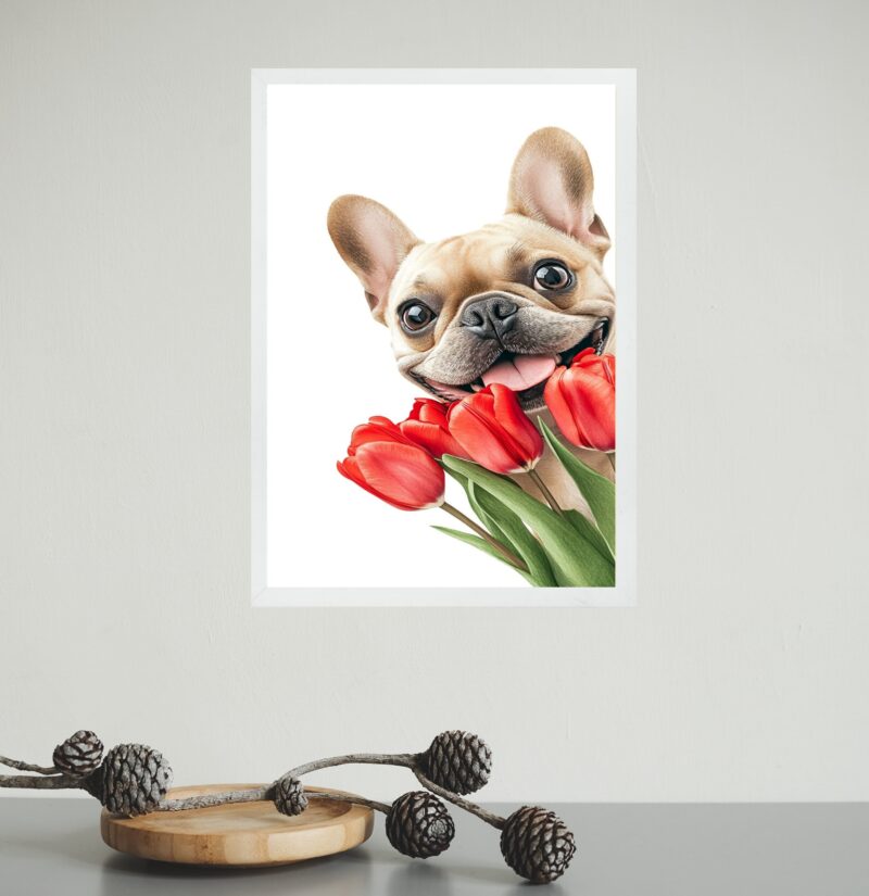 Quadro Bulldog Francês Com Flores Tulipas