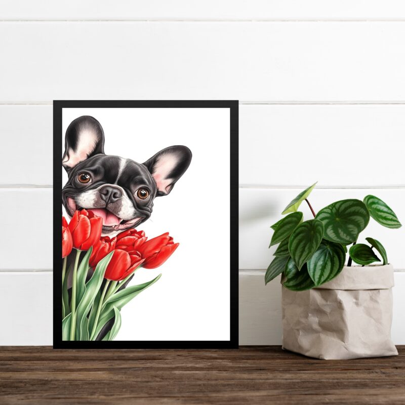 Quadro Cão Bulldog Francês Com Flores Tulipas