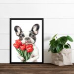 Quadro Cão Bulldog Francês Com Flores Vermelhas