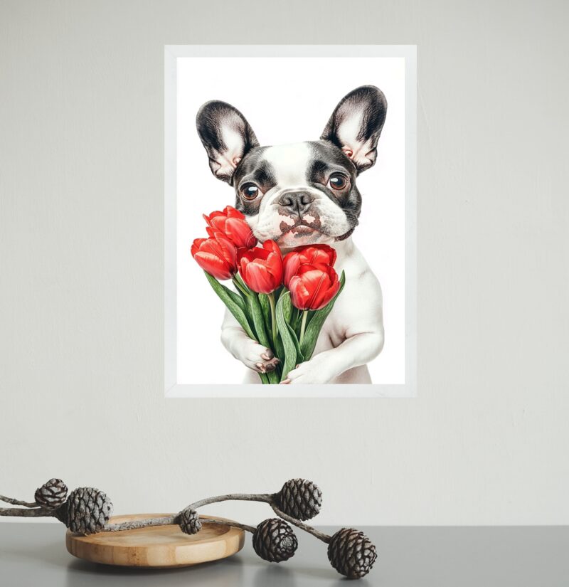 Quadro Cão Bulldog Francês Com Flores Vermelhas