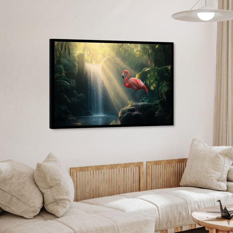 Quadro Decorativo Flamingo na Cachoeira - 50x70 cm