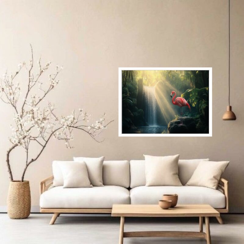 Quadro Decorativo Flamingo na Cachoeira - 50x70 cm