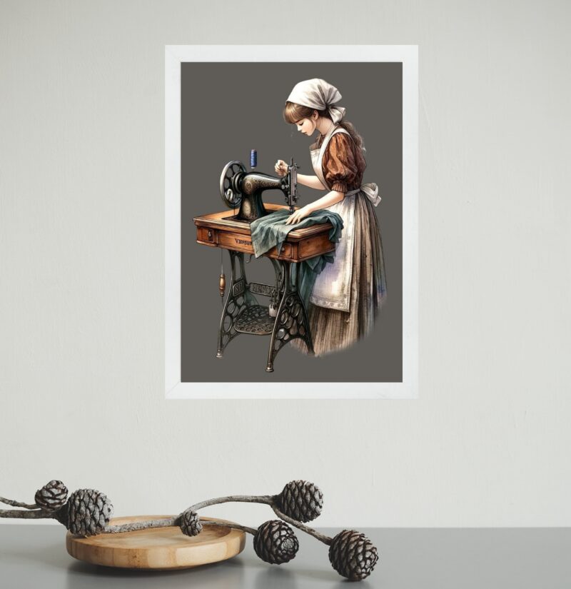 Quadro Decorativo Vintage Costureira Trabalhando