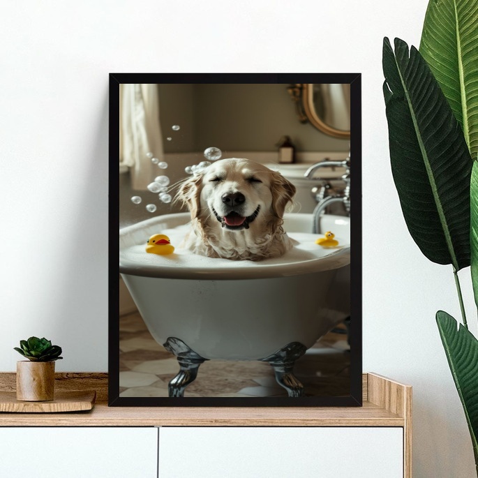 Quadro Divertido De Banheiro - Cão Labrador Banho