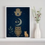 Quadro Mistico Hamsa Lua Coruja Gato