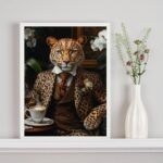 Quadro Onça Elegante Tomando Café