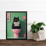 Quadro Para Banheiro Gato No Vaso - Rosa e Verde