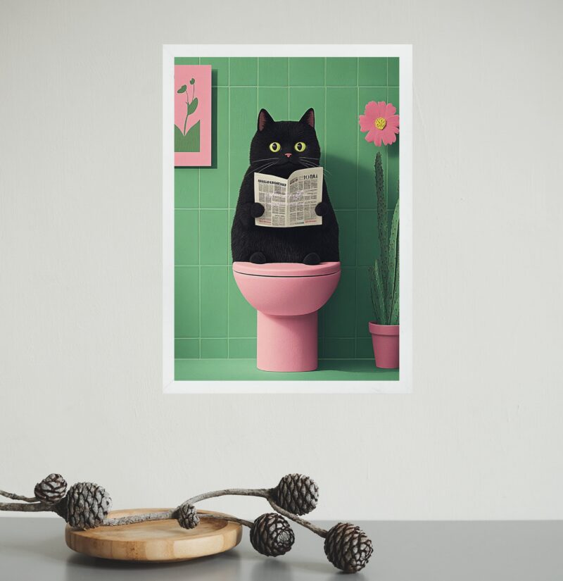 Quadro Para Banheiro Gato No Vaso - Rosa e Verde