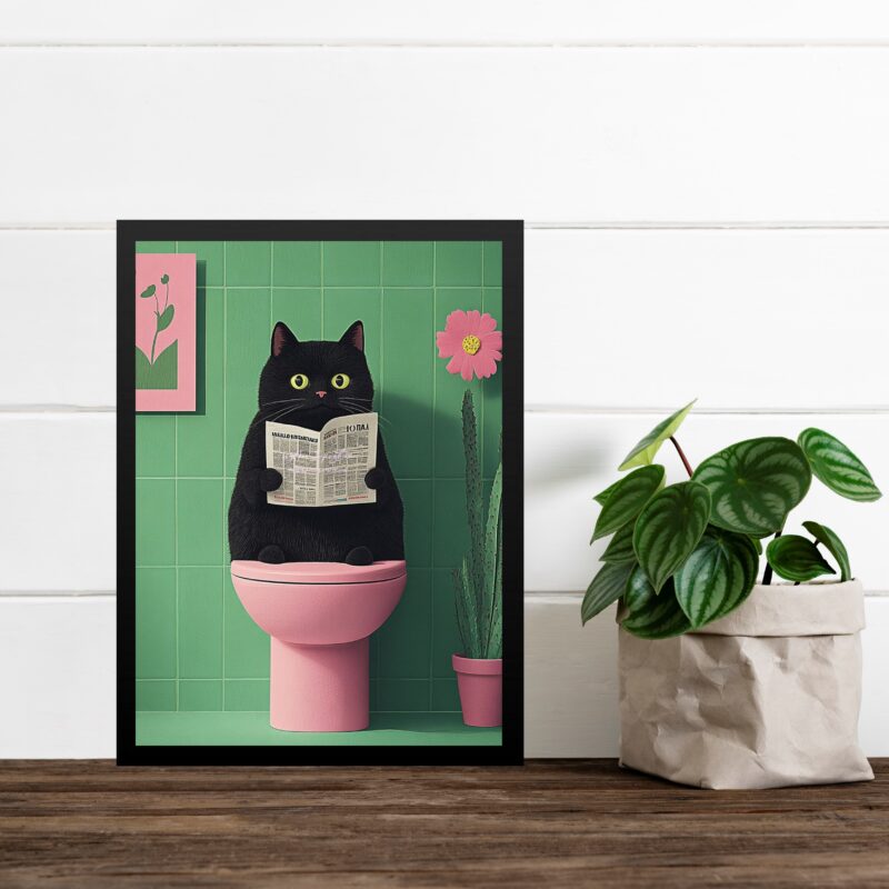 Quadro Para Banheiro Gato No Vaso - Rosa e Verde