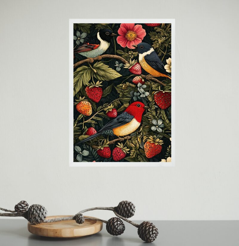 Quadro Para Cozinha Pássaros Com Morangos