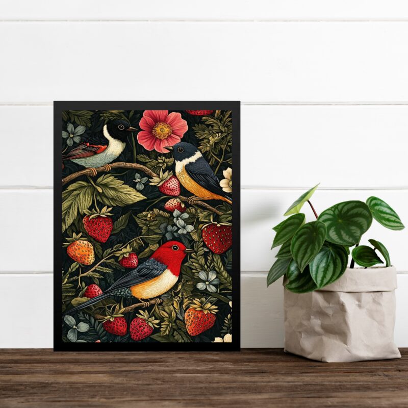 Quadro Para Cozinha Pássaros Com Morangos