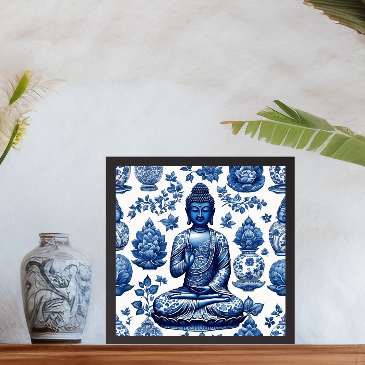 Quadro Buda Azul Estilo Azulejo Português - 33x33 Cm