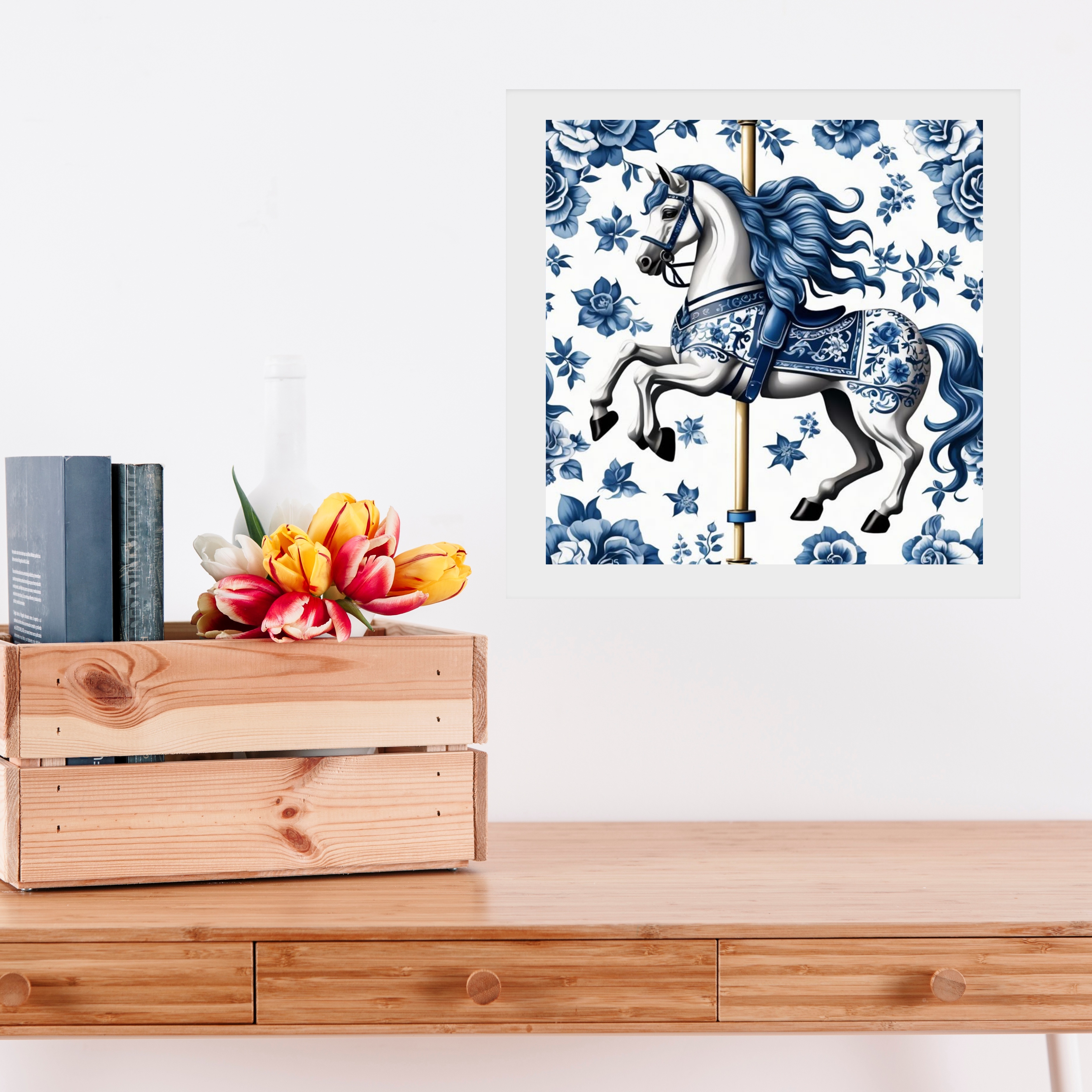 Quadro Cavalo Carrossel Estilo Azulejo Português - 33x33 Cm b
