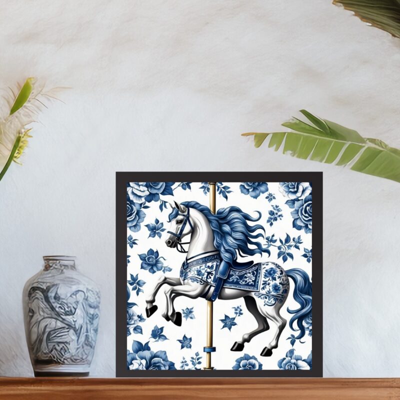 Quadro Cavalo Carrossel Estilo Azulejo Português - 33x33 Cm