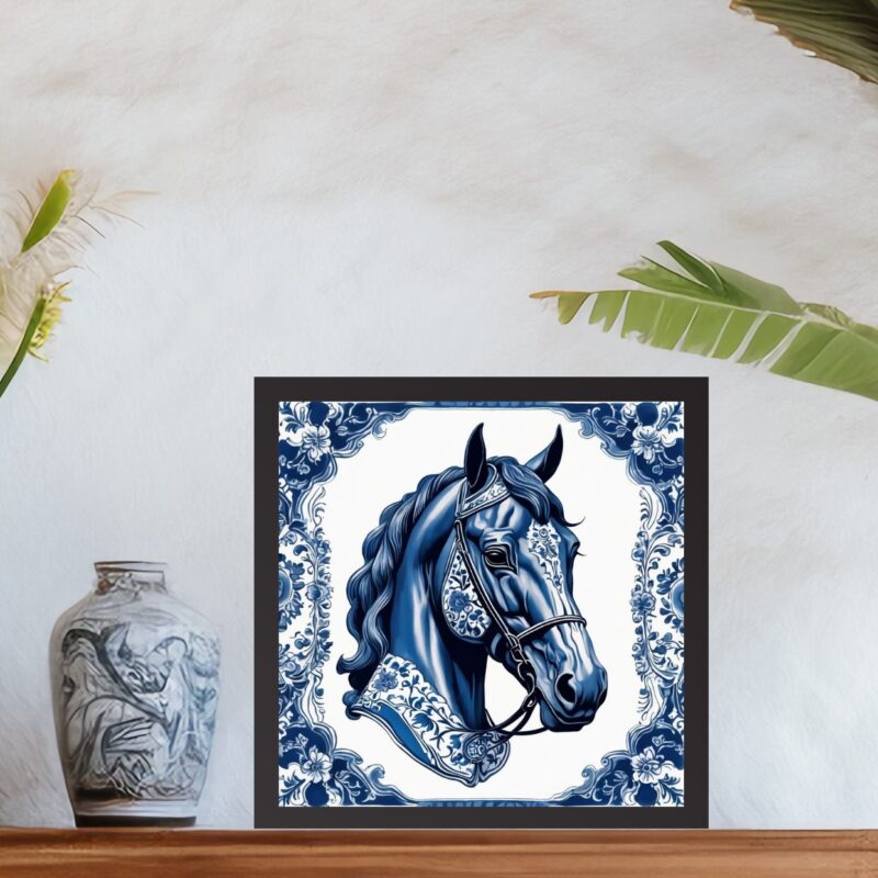 Quadro Cavalo Floral Estilo Azulejo Português - 33x33 Cm