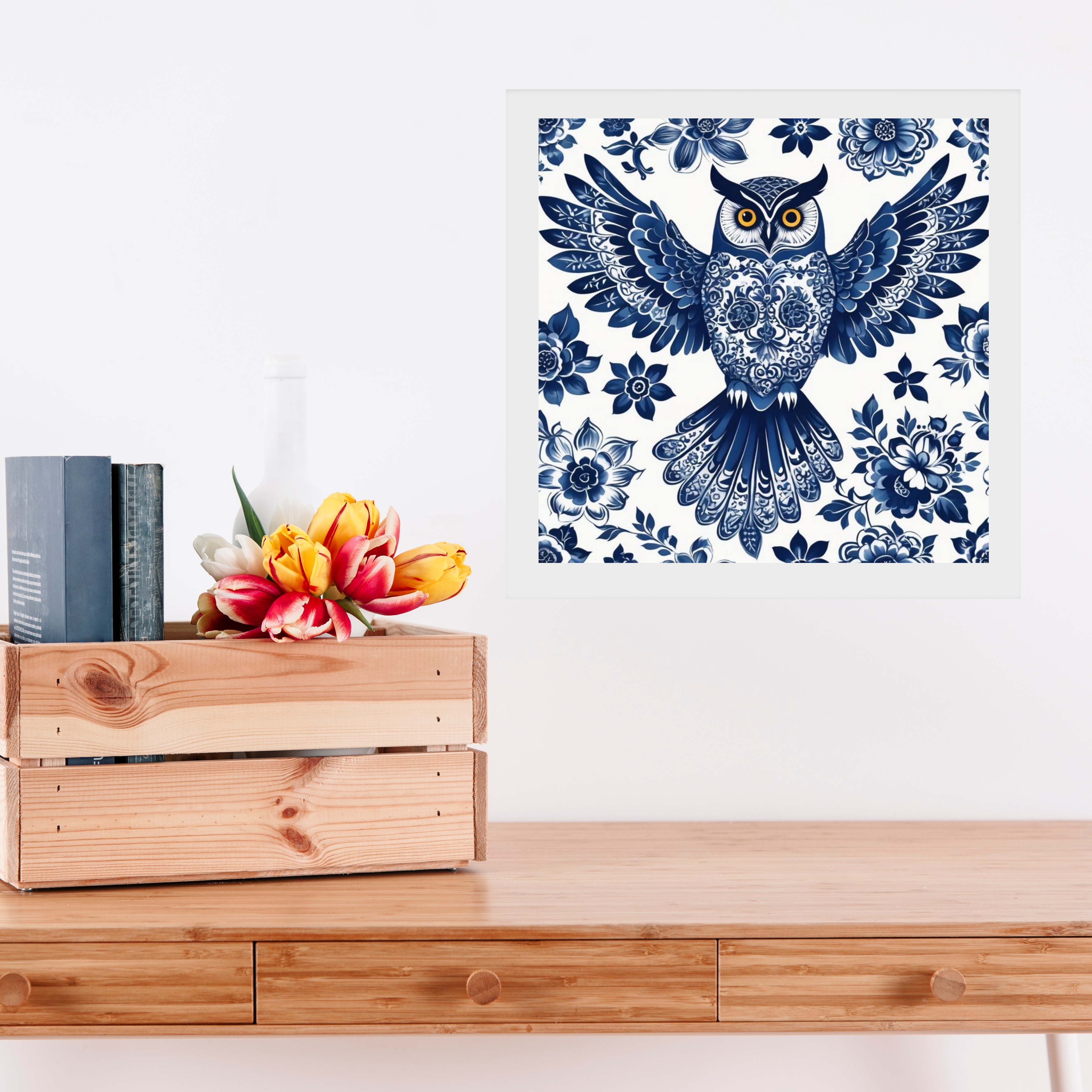 Quadro Coruja Floral Estilo Azulejo Português - 33x33 Cm b