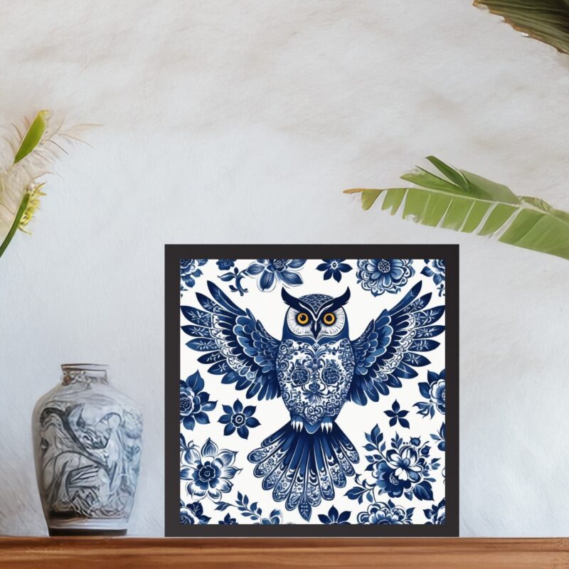 Quadro Coruja Floral Estilo Azulejo Português - 33x33 Cm