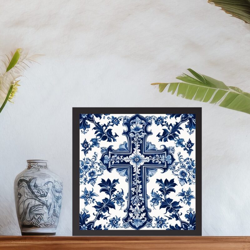 Quadro Cruz Estilo Azulejo Português Azul e Branco - 33x33 Cm