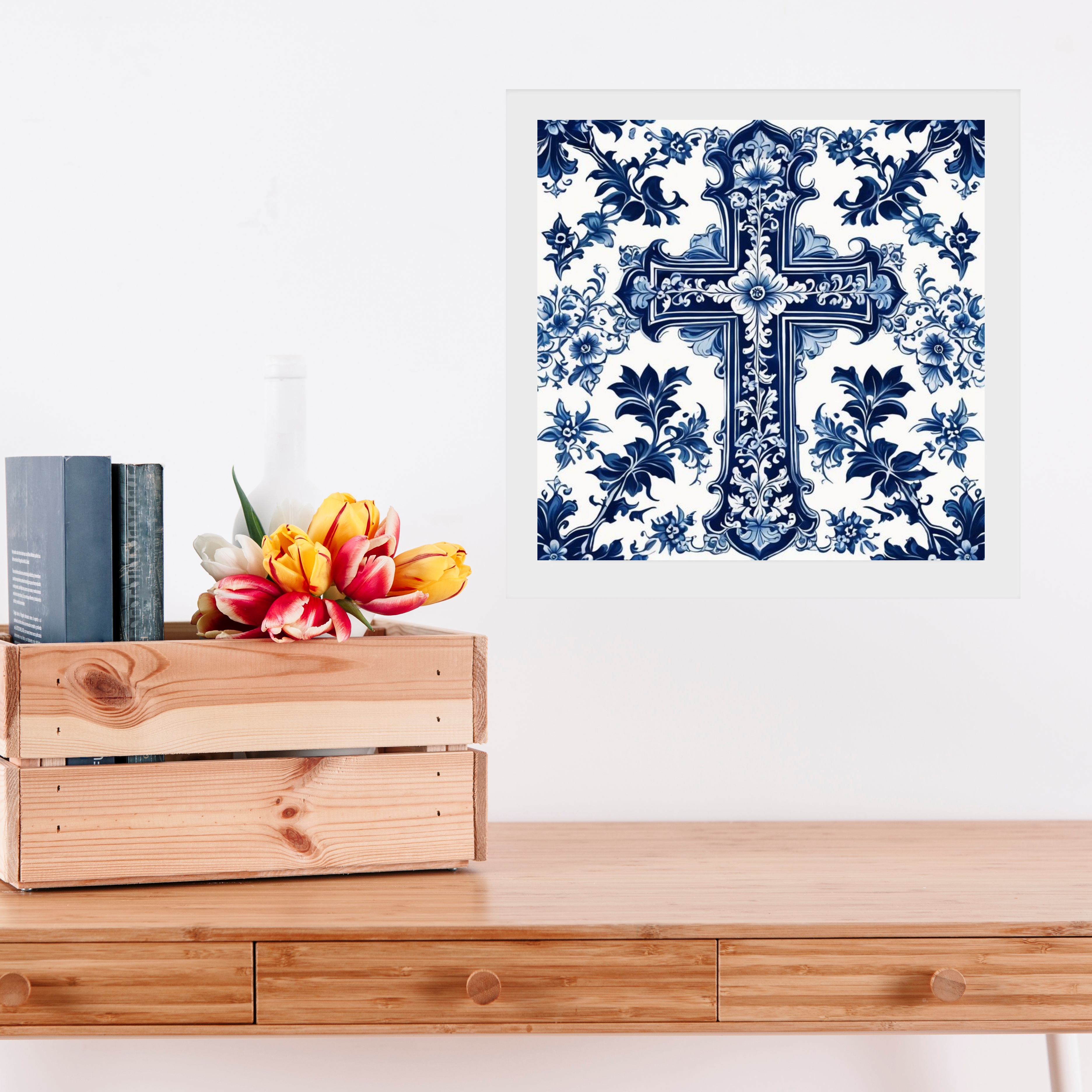 Quadro Cruz Estilo Azulejo Português Azul e Branco - 33x33 Cm b