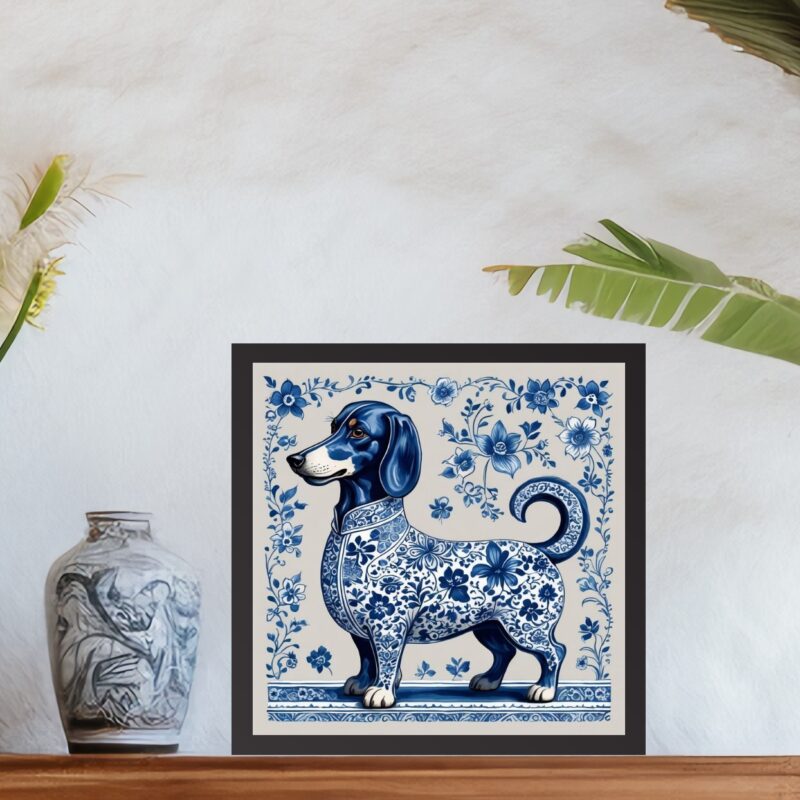 Quadro Dachshund Estilo Azulejo Português - 33x33 Cm
