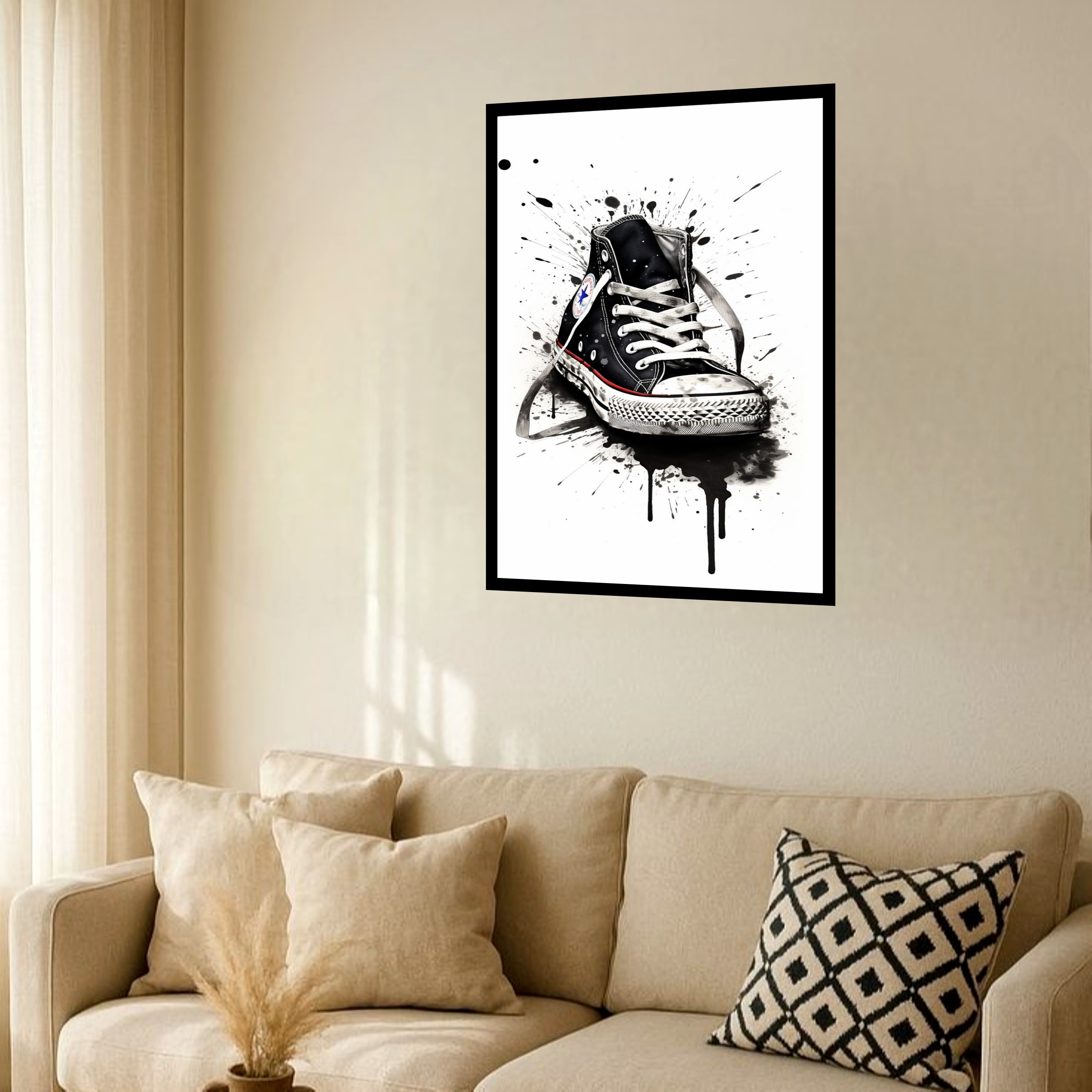 Quadro Decorativo Aquarela Tênis Cano Alto Preto - 70x50 cm