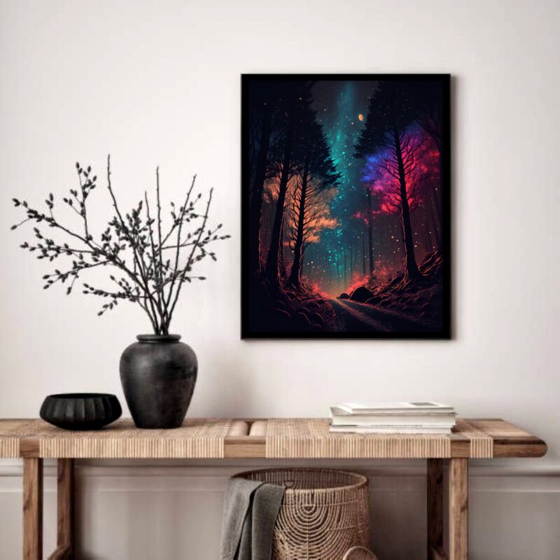 Quadro Decorativo Aurora Boreal Árvores - 70x50 cm