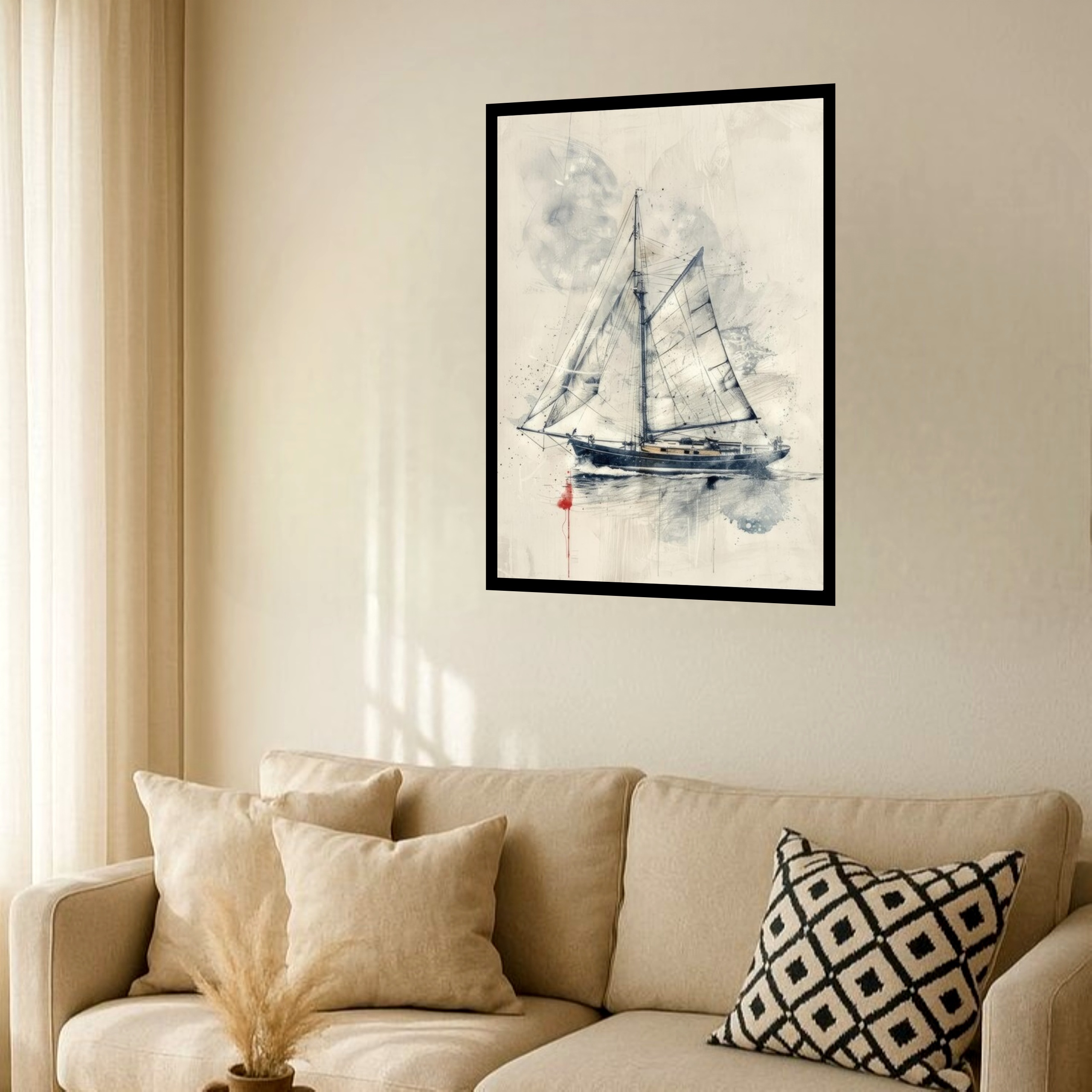 Quadro Decorativo Barco Ponto Vermelho Desenho - 70x50 cm