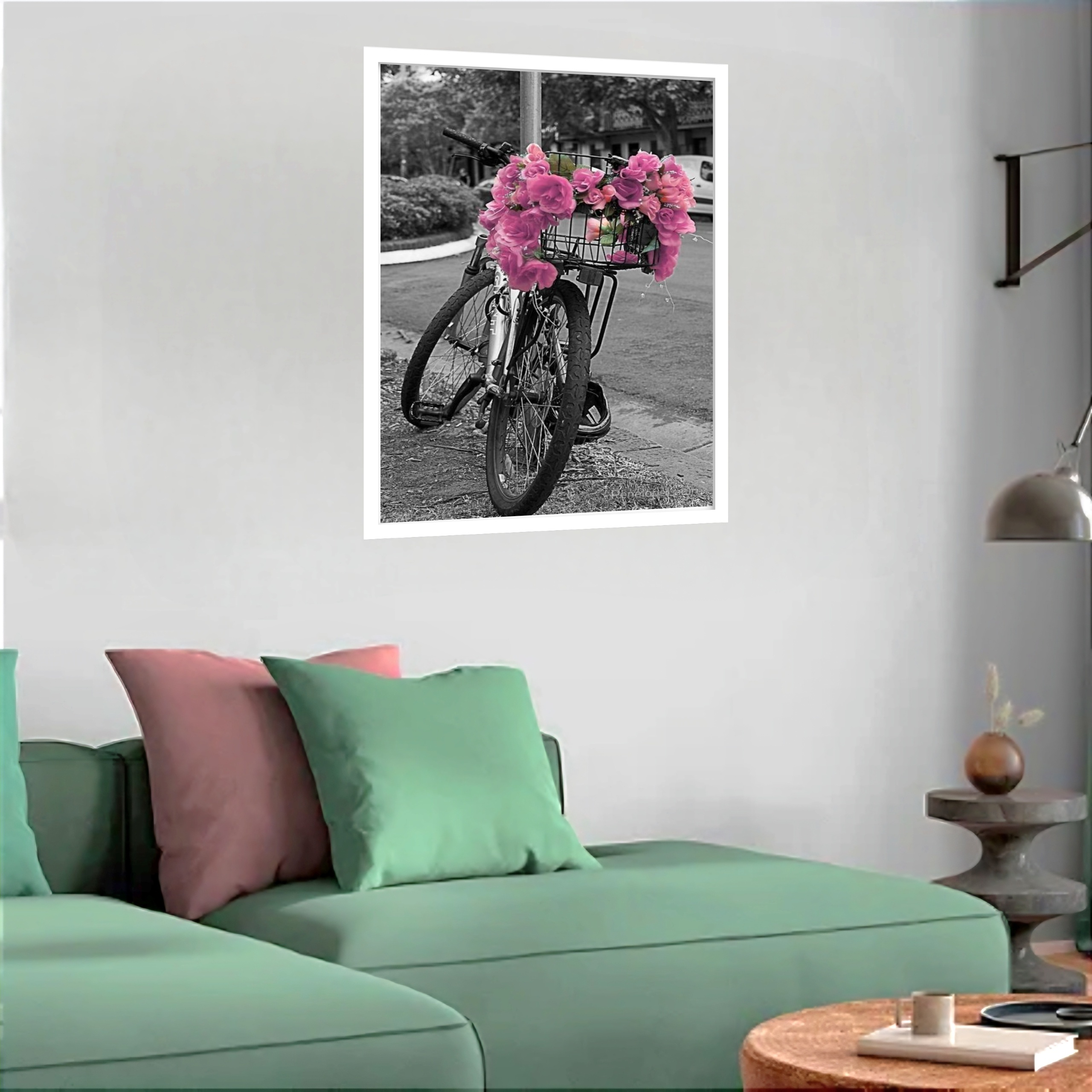 Quadro Decorativo Bicicleta Flores Rosas - 70x50 cm