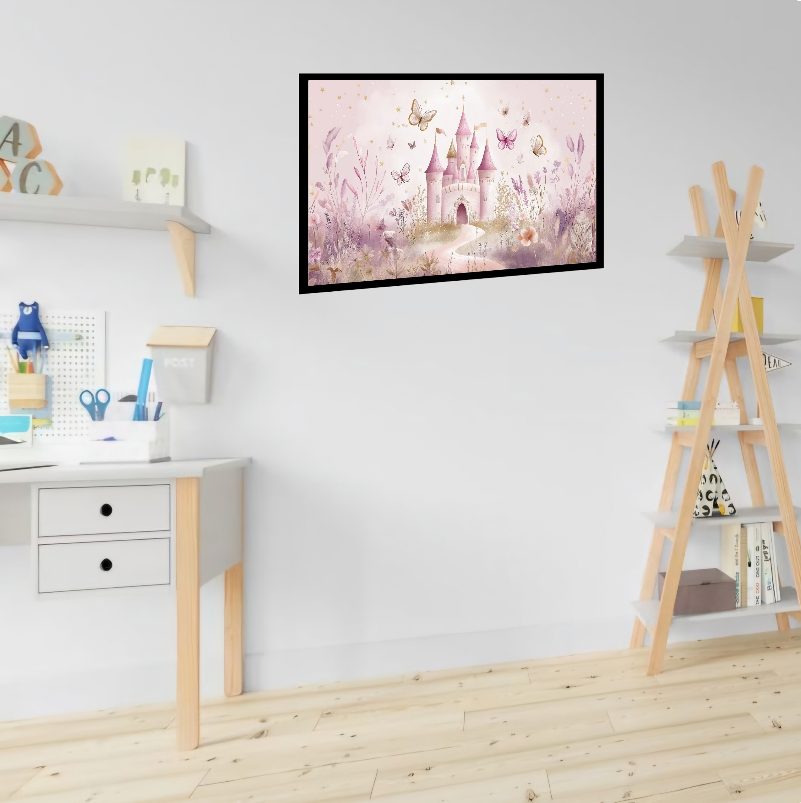 Quadro Decorativo Castelo Borboletas Rosa - 50x70 cm
